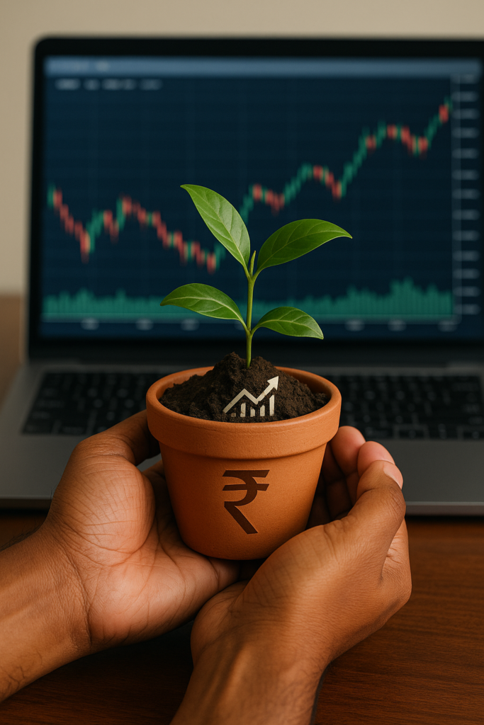 Indian hands holding a plant pot with a growing sapling, rupee symbol, and stock market chart on a laptop in the background