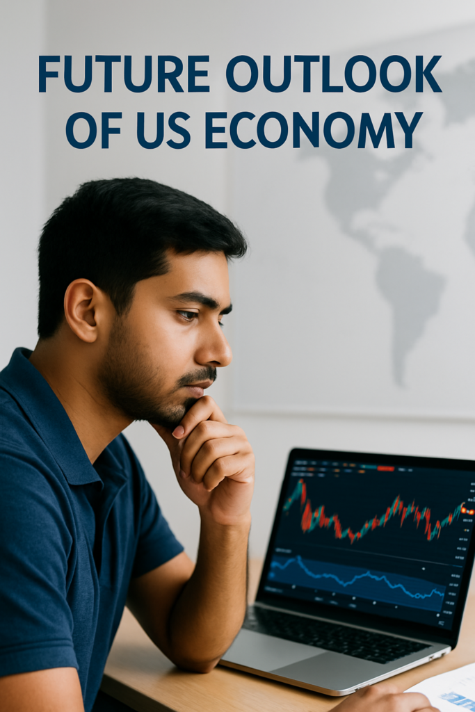 Young Indian man analyzing US economy trends on laptop with financial chart in background