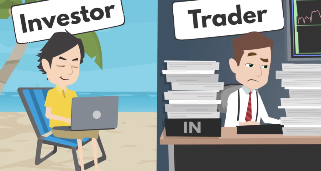 Trader vs Investor: Stressed man at screens vs relaxed woman checking portfolio